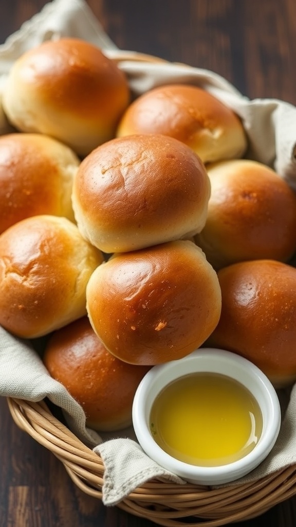 Texas Roadhouse Style Rolls Recipe for Bread Machine A basket of golden brown Texas Roadhouse rolls with melted butter on the side.